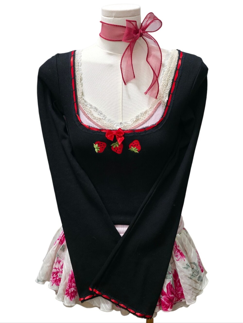 Dolls kill x strawberry shortcake black ribbed flared long sleeve cropped top